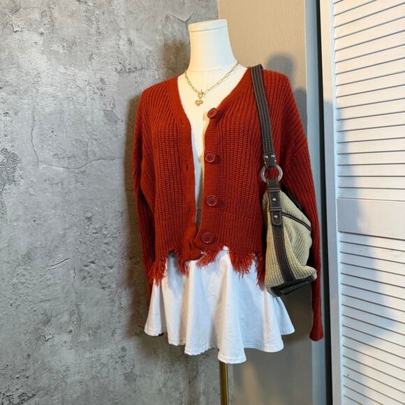 Burgundy Distressed Cardigan with Button Up front - Picture 3 of 7